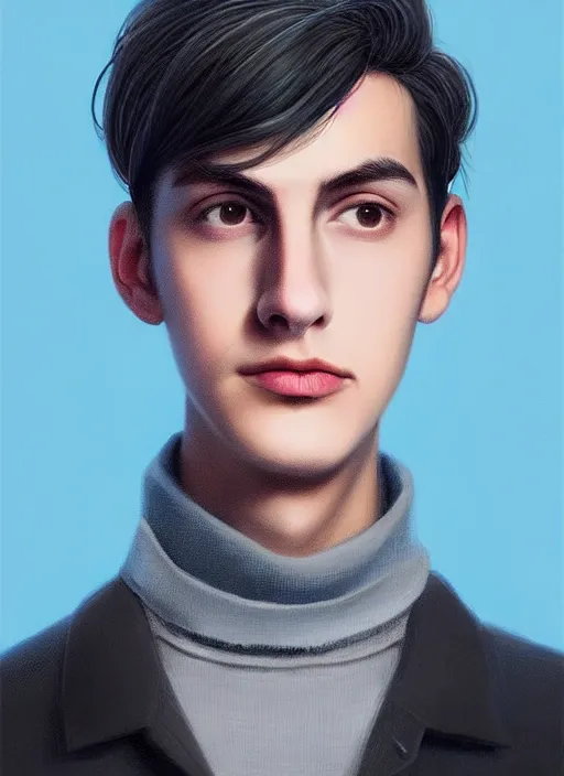 Image similar to portrait of teenage jughead jones wearing a light grey crown, crown, blue turtleneck, 1 9 5 0 s, closed eyes, photorealistic, black hair, glowing lighting, intricate, elegant, glowing lights, highly detailed, digital painting, artstation, concept art, smooth, sharp focus, illustration, art by wlop, mars ravelo and greg rutkowski