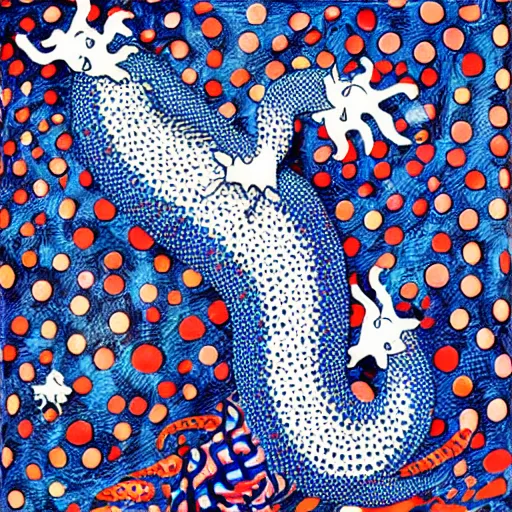 Prompt: blue eyes white dragon by Yayoi Kusama