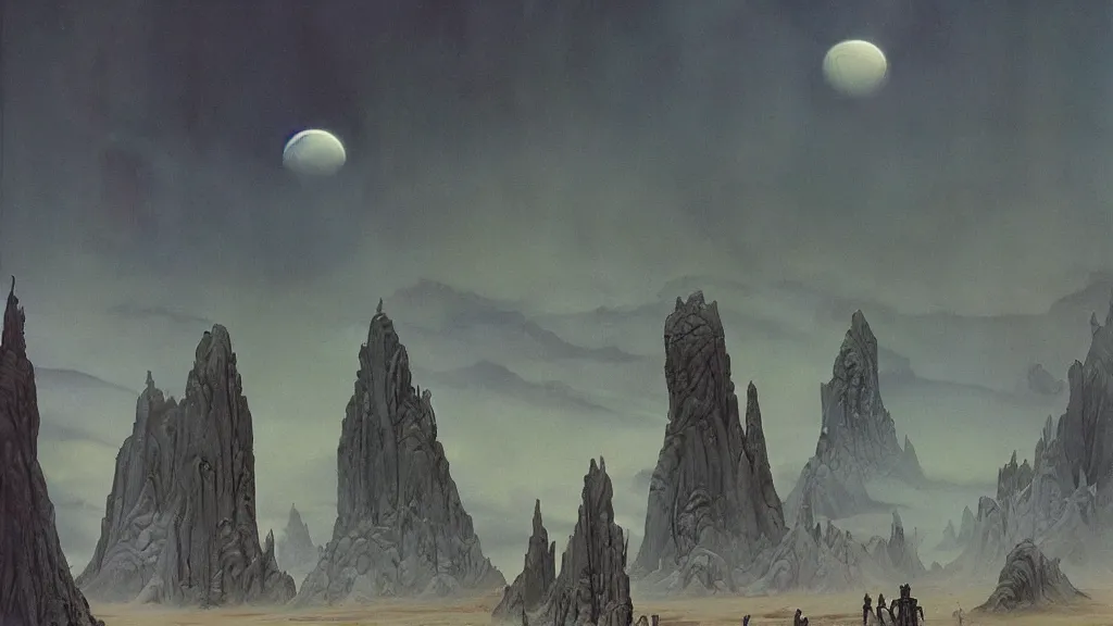 Image similar to eerie atmospheric evolving alien planet by gerald brom and vincent di fate, epic cinematic matte painting