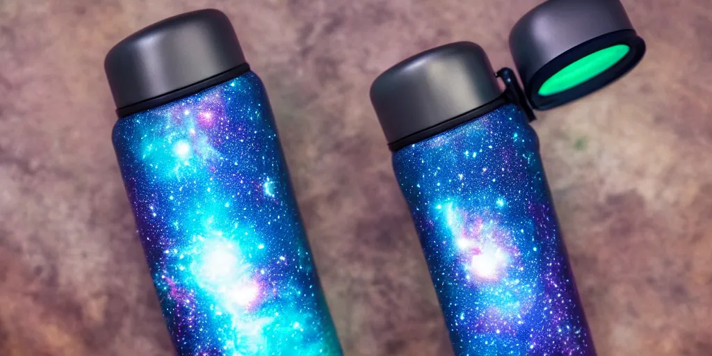 Image similar to hydro Flask, space, galaxy, glow, neon, closeup,