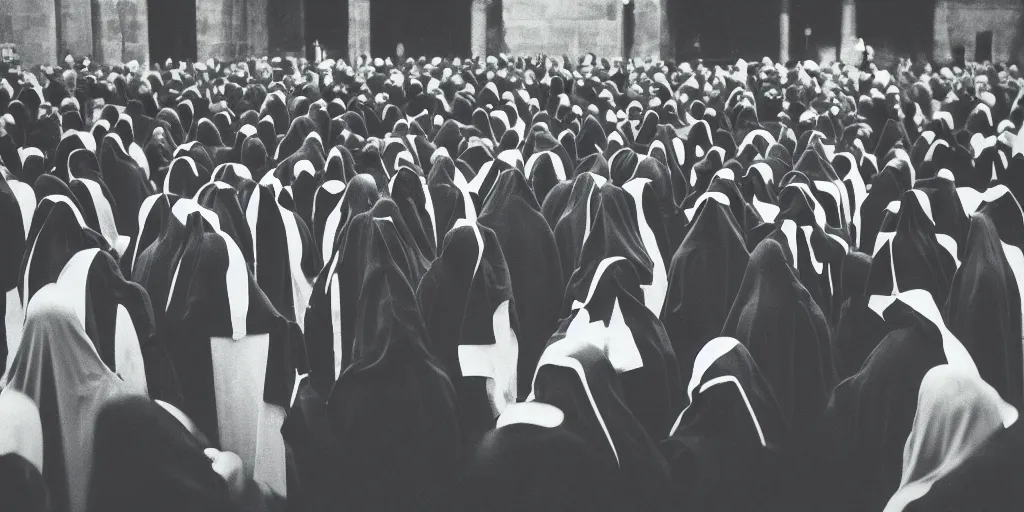 Image similar to black robed and hooded people stand around in a circle calling forth an eldritch horror, old film, 35mm film, found film, scary, ominous, frightening, ghastly, photorealistic