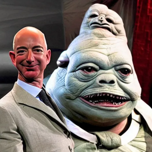 Prompt: photo of jeff bezos as jabba the hutt, sweaty, Return of the Jedi, Star Wars film look