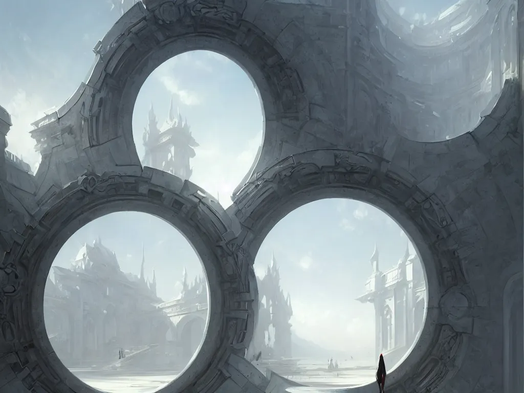 Prompt: circular gate in a white wall, leading to heaven. modern architecture. fantasy. detailed. smooth. sharp focus. trending on artstation. artist greg rutkowski.