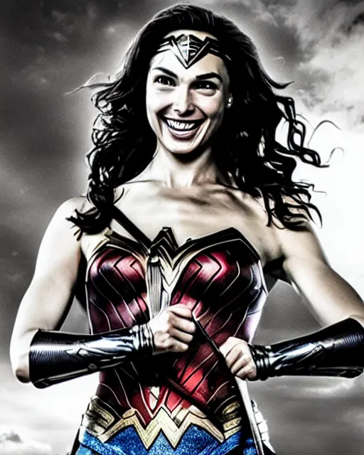 Prompt: gal gadot as she crinkles her nose while laughing, dressed as wonder woman, photorealistic, black and white photography, hdr color, hyperreal