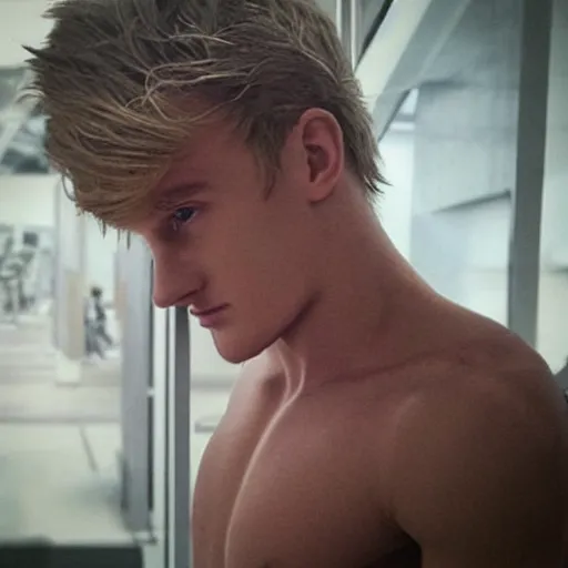 Image similar to “a realistic detailed photo of a guy who is an attractive humanoid who is half robot and half humanoid, who is a male android, Jack Laugher, shiny skin, posing like a statue, blank stare”