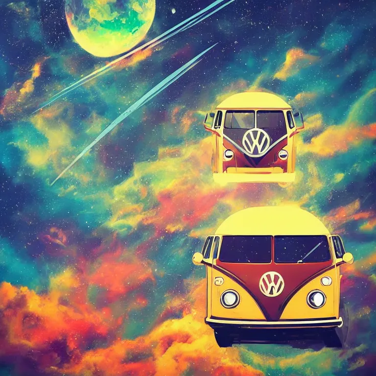 Prompt: vintage volkswagen bus flying through space, earth in the background, vibrant colors, by anato finnstark, space