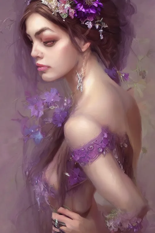 Prompt: portrait for beautiful fairy women with purple eyes clothed in beads and lace, by mandy jurgens, gorgeous, elegant