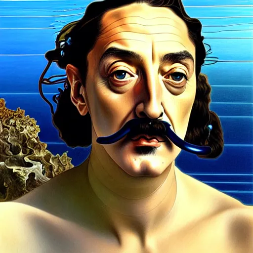 Image similar to portrait of salvador dali snorkeling in cap de ras, highly detailed, digital painting, artstation, sharp focus, illustration, art by tan zi and alphonse mucha