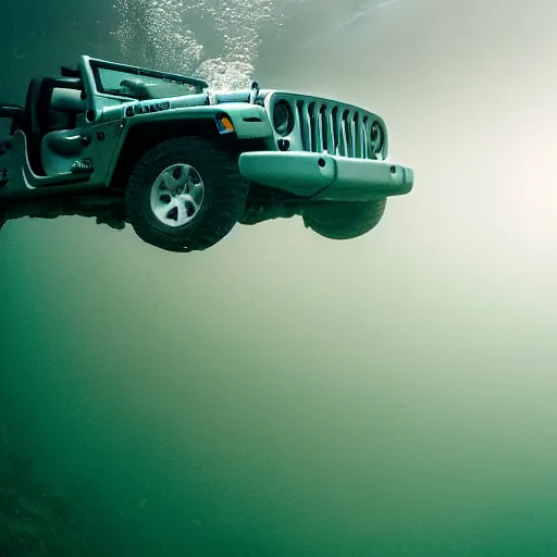 Image similar to eerie murky underwater photo of an upside - down jeep sinking down. bubbles. 4 k.