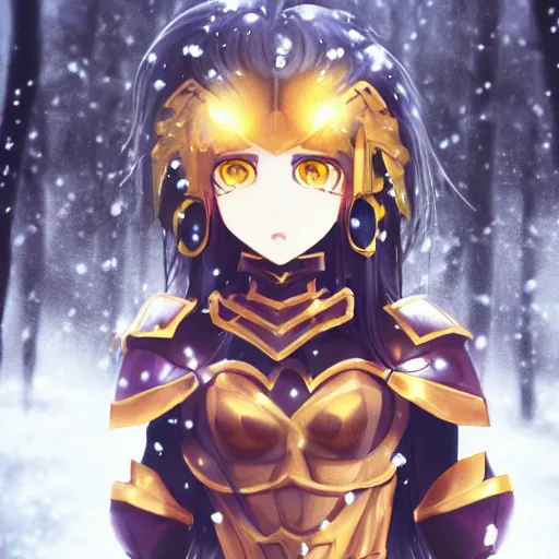 Image similar to focus face portrait of beautiful darkness knight 3D anime girl, posing, golden armor wearing, dark forest background, snowing, bokeh, inspired by Masami Kurumada, digital painting, high contrast, unreal engine render, volumetric lighting, high détail