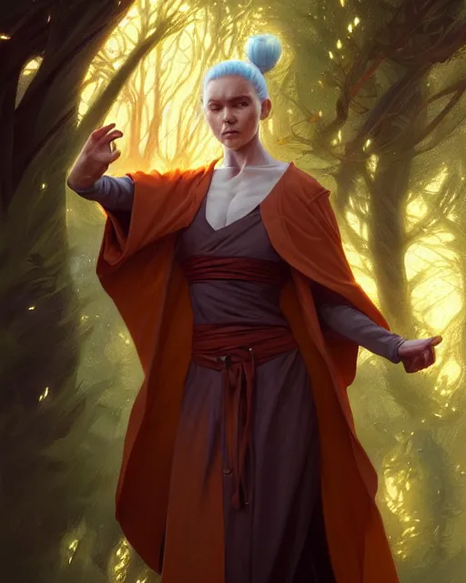 Image similar to a robed magical apprentice air bending, fantasy character portrait, woodland river, ultra realistic, intricate, elegant, highly detailed, digital painting, artstation, smooth, sharp, focus, illustration, art by artgerm and greg rutkowski and alphonse mucha