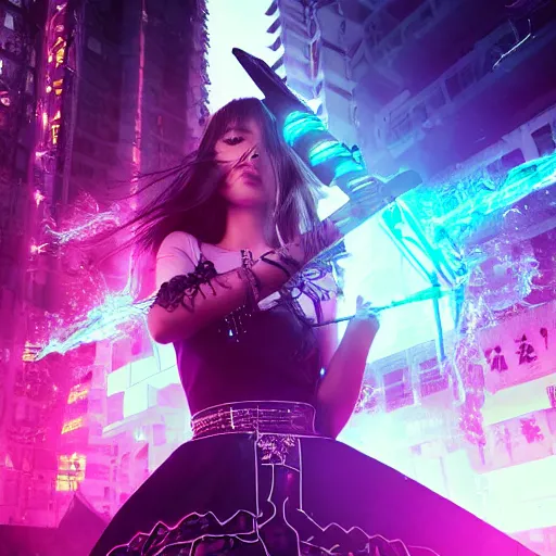 Image similar to a girl like yoona, casting fire spell, background cyberpunk city, full shot, photo, geometries, fibonacci volumetric lighting, epic composition, intricate details, dark neon punk, by KDA