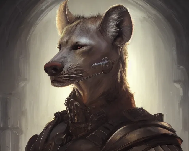 Image similar to A detailed matte oil on canvas head on symmetrical portrait of a man with the head of a hyena wearing heavy armor by Charlie bowater, Lise Deharme, Wlop, trending on artstationhd, dungeons and dragons art, critical role