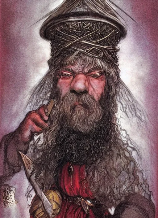 Image similar to portrait of dwarf wizard, beautiful! coherent! dungeons and dragons character, by brian froud, strong line, deep color, chainmail, short red hair, high contrast