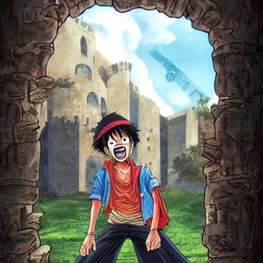 Image similar to luffy in the harry potter universe far away at some ruins from a castle. a wizard is already there and summons a portal that would take me back home.