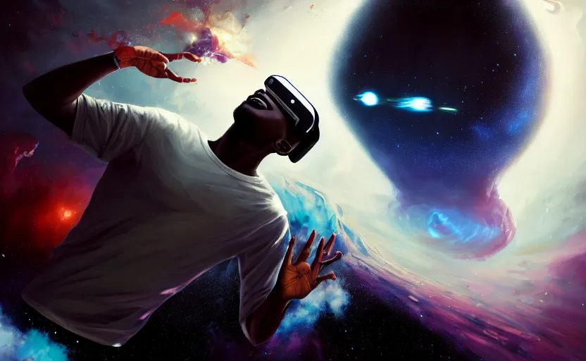 Image similar to handsome black genius hacking the metaverse, vr headset, white t - shirt and jordans, flying through spacetime, exploding nebulae, highly detailed, digital painting, artstation, concept art, smooth, sharp focus, illustration, art by wlop, mars ravelo and greg rutkowski