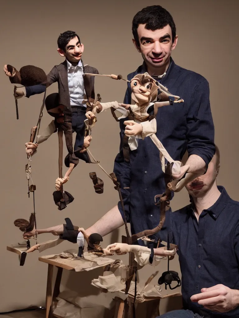 Prompt: photograph of nathan fielder behind a puppet stage controlling a marionette by the strings, high detail, 8 k, photorealism, sharp focus, volumetric lighting