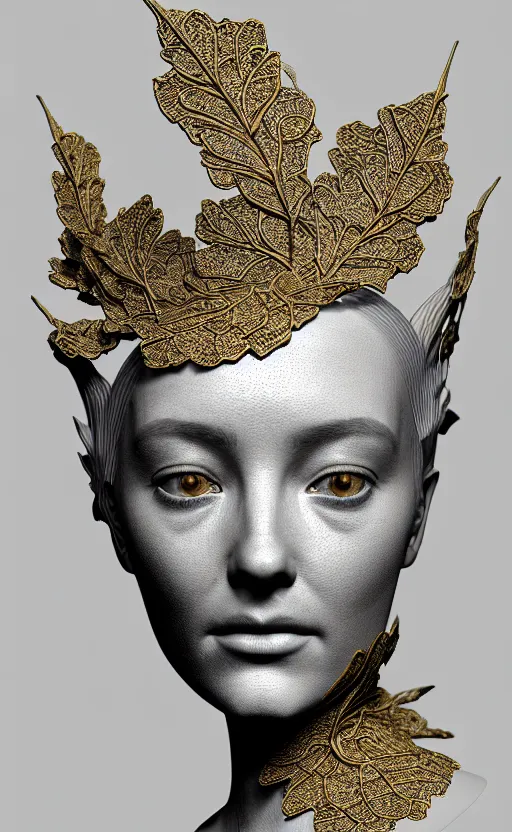 Prompt: [ [ [ tintype ] ] ] 3 d render of a beautiful porcelain profile woman face, vegetal dragon cyborg, rim light, silver gold details, magnolia leaves and stems, roots, fine lace, mandelbot fractal, anatomical, elegant, ultra detailed, white metallic armour, octane render, black and white, h. r. giger style