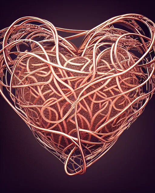 Prompt: rose gold heart, wrapped in vines, vray, deep black background, machine face, intricate, elegant, highly detailed, vintage photography, prism highlights, cgsociety, smooth, sharp focus, telephoto, depth of field