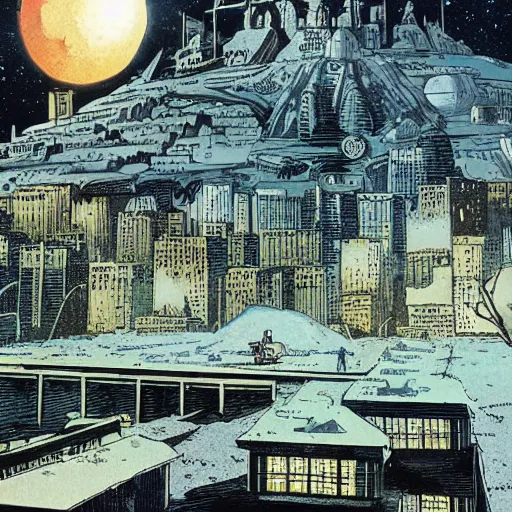 Image similar to comic book page, a city on the moon, by Francois Schuiten