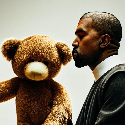 Prompt: cinematic photograph of Kanye West with a anthropomorphic teddy bear, close up, portrait, album cover, shallow depth of field, 40mm lens, gritty, textures