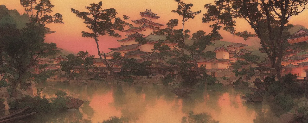 Prompt: a beautiful painting of an ancient japanese town nearby a small river in the evening by alfons maria mucha and ivan aivazovsky, ultra detailed, volumetric lighting, pink vibe