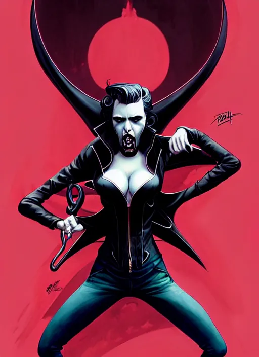 Image similar to rafael albuquerque comic art, art nouveau, peter mohrbacher, artgerm, pretty scarlett johansson vampire sharp vampire teeth open mouth, symmetrical eyes, black leather jacket, jeans, long blonde hair, full body