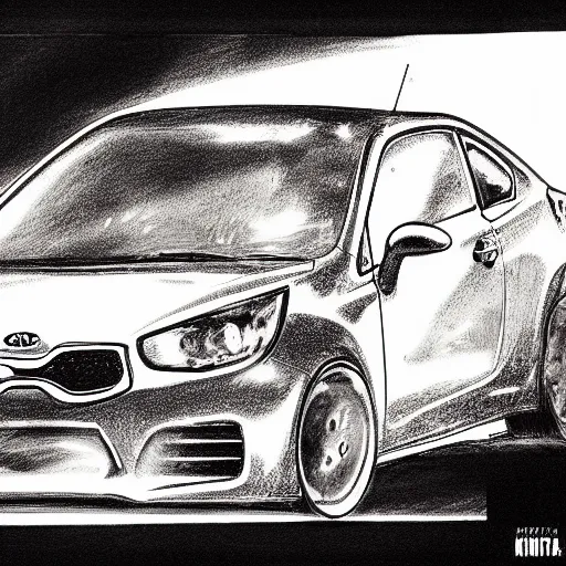 Image similar to Kia Rio hatchback drifting, page from Initial D manga, ink drawing, black and white