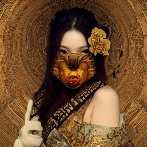 Prompt: a photorealistic dramatic fantasy render of a beautiful woman wearing a beautiful intricately detailed japanese monkey kitsune mask and clasical japanese kimono by wlop, artgerm, greg rutkowski, alphonse mucha, beautiful dynamic dramatic dark moody lighting, shadows, cinematic atmosphere, artstation, concept design art, octane render, 8 k