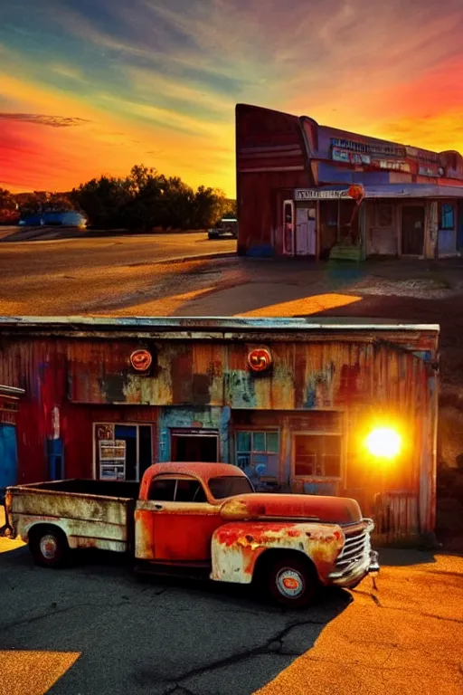 Image similar to a sunset light landscape with historical route 6 6, lots of sparkling details and sun ray ’ s, blinding backlight, smoke, volumetric lighting, colorful, octane, 3 5 mm, abandoned gas station, old rusty pickup - truck, beautiful epic colored reflections, very colorful heavenly, softlight