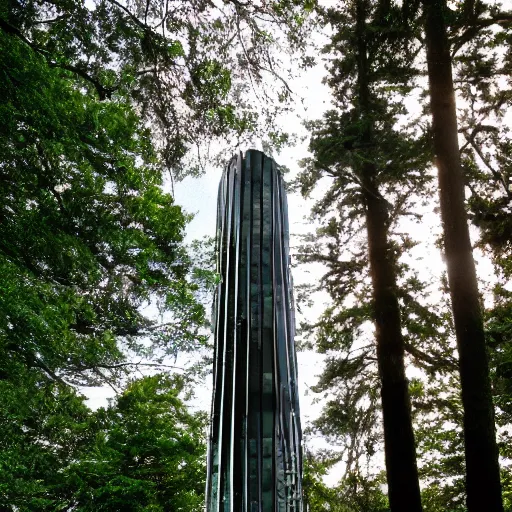 Prompt: a huge futuristic tower in the middle of a calm forest