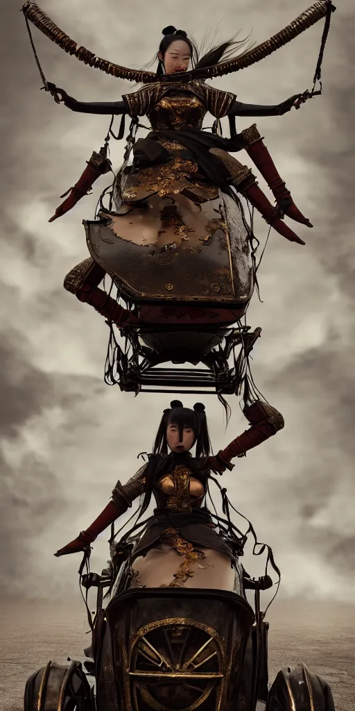 Prompt: vertical movie frame with ancient asian female standing on steam punk buggy, hunt, armor inspired by ancient japan and fashion, symmetrical beautiful face, epic, perfectbody, brutal blooded sluty award winning, establishing shot, extremely high detail, photorealistic, brutal, provocative, octane render, editorial, extreme sports photography