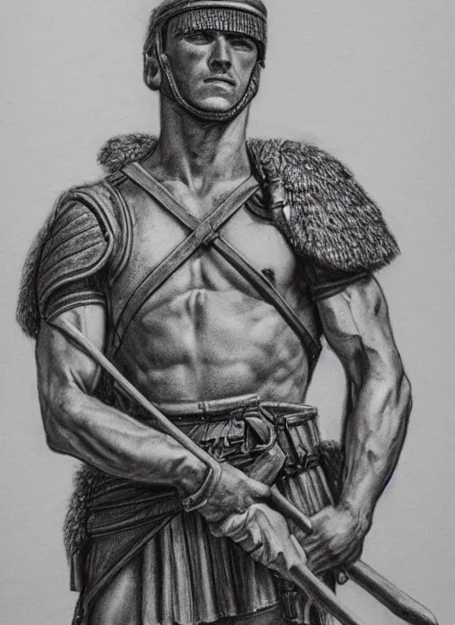 Image similar to a realistic pencil drawing of a adult roman soldier at the in gaul, extremely pronounced masculine features, low dutch angle, face in focus, natural lighting, realism, strong muscular features