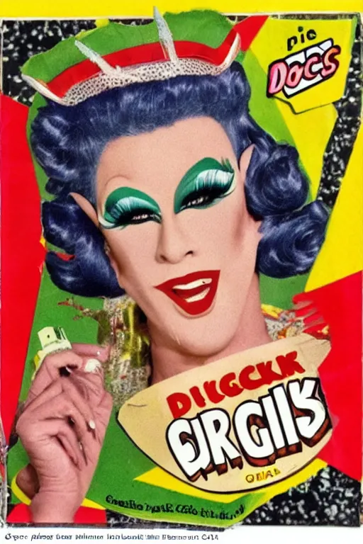 Prompt: drag queen on pickles cereal box, vintage packaging