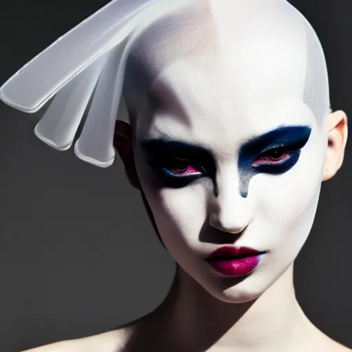 Image similar to high fashion photography of a model in neo futurism white sci - fi makup, transparent cloth, beautifully lit