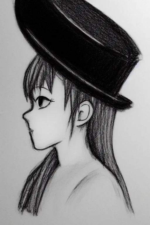 Prompt: cute loli in a tall black top hat, face profile, pencil sketch, gray scale, anime style