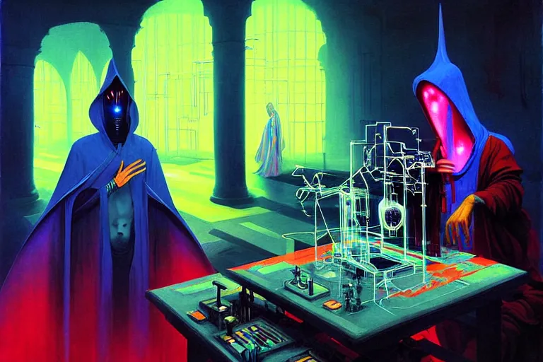 Image similar to a beautiful masterpiece painting of a technomancer wizard in robes with pointed hood discussing sentience with his synthesized AI djinn in his laboratory near a computer by Remedios Varo and Anato Finnstark and Greg Rutkowski, dayglo pink, dayglo blue, dazzle camouflage