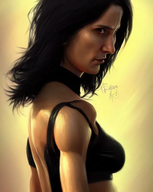 Prompt: female john wick wearing black halter top, perfect face, black hair, abs, cinematic, stunning, athletic, strong, agile, highly detailed, psychedelic, digital painting, artstation, smooth, hard focus, illustration, art by jessica rossier and and brian froud