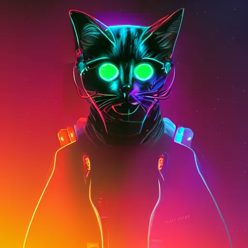 Prompt: Synthwave cat with cybernetic limbs and laser eyes. Cyberpunk, dark, 8k resolution.