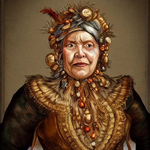 Image similar to portrait headshot digital painting of a old 17th century old lady cyborg merchant, amber jewels clorful feathers baroque ornate clothing