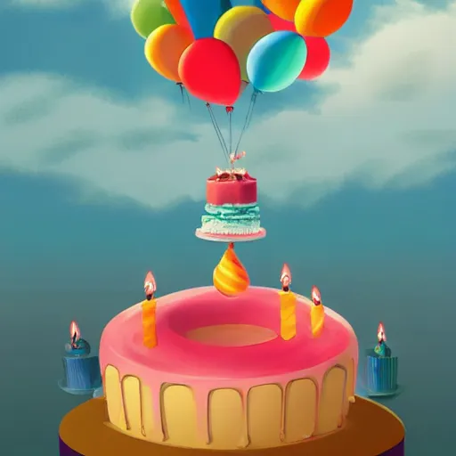 Image similar to a giant floating cake and plenty of floating birthday balloons. digital art, highly - detailed, artstation cgsociety masterpiece