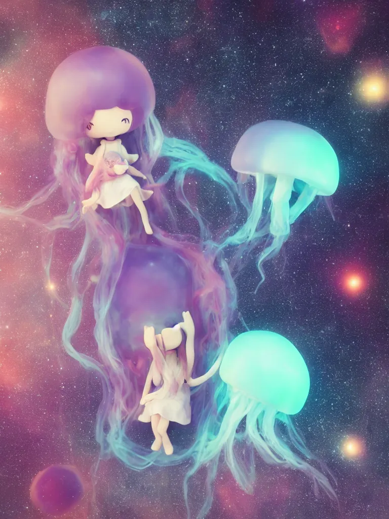 Image similar to cute fumo plush alien jellyfish girl sitting on a small island floating in the dark galactic abyss, vignette, bokeh, vray