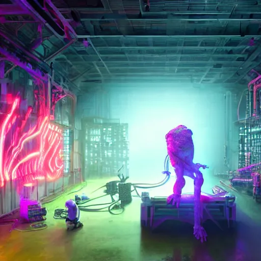 Prompt: epic scene of a large neon mechanical toad is being built by a team of people in a very creepy and dark warehouse, heaps of colored computer screens, glowing cables, dust, smoke, intricate details, ultra - realistic, 8 k, octane render, hyper realism