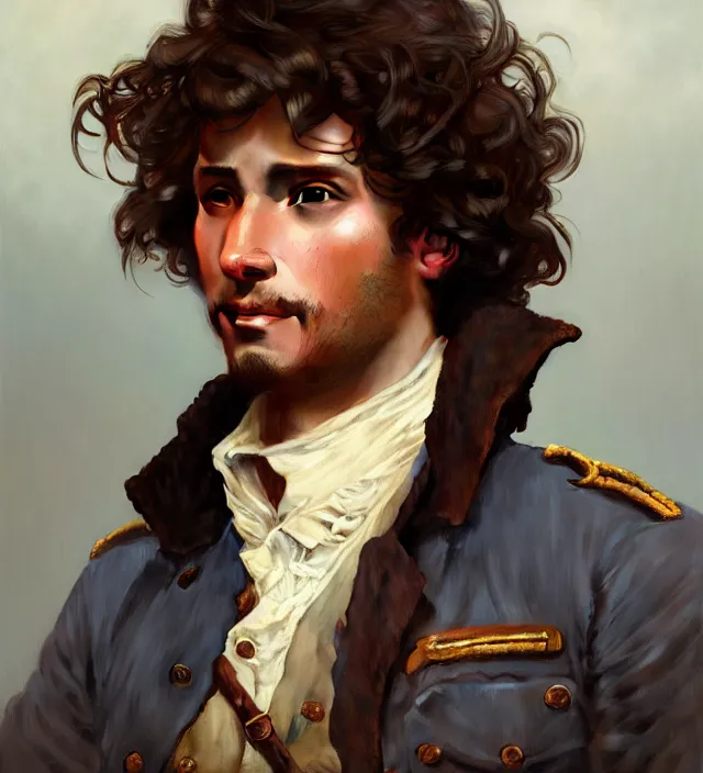 Prompt: candid portrait of a man with brown curly hair and deep brown eyes, wearing a blue traditional colonial military jacket, intricate, highly detailed, digital painting, artstation, concept art, sharp focus, cinematic lighting, illustration, art by artgerm and greg rutkowski, alphonse mucha, cgsociety