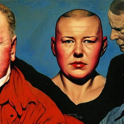 Image similar to ray winstone is so angry that his wife has shaved her head that he holds his breath until his face becomes bright red, painted by norman rockwell and tom lovell and frank schoonover