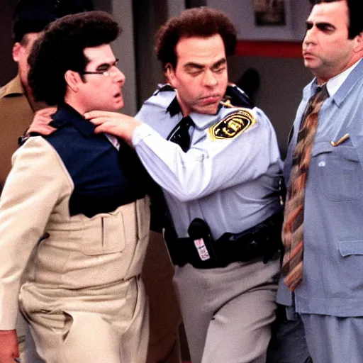 Image similar to 8k photo George Costanza being arrested by Kramer on an episode of Seinfeld,