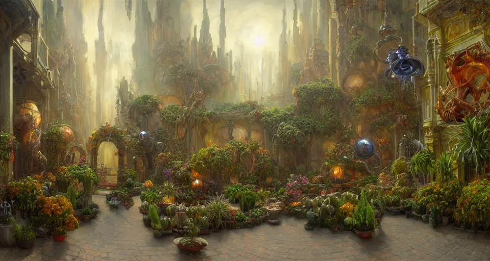 Prompt: an oil painting by donato giancola, warm coloured, cinematic scifi luxurious futuristic foggy biomechanical victorian garden courtyard with bulbous alien floral fungi cactus growing out of pretty ceramic baroque fountains, beeple, halo, star wars, ilm, star citizen, halo, mass effect, artstation, atmospheric perspective