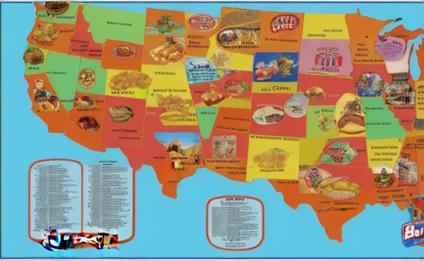 Image similar to hot dogs across america map, detailed, map key, tourist map, brochure