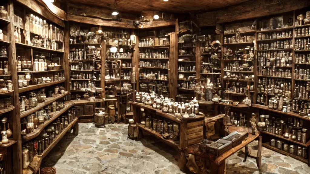Image similar to 12th century apothecary shop, film still from the game skyrim, wide lens