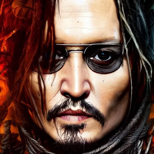 Prompt: johnny depp portrait, dystopia core, apocalyptic, armor, warrior, dramatic, sharp focus, fiction, neon, fantasy, hyper detailed, digital art, trending in artstation, cinematic lighting, studio quality, smooth render, unreal engine 5 rendered, octane rendered, art style and nixeu and wlop and krenz cushart